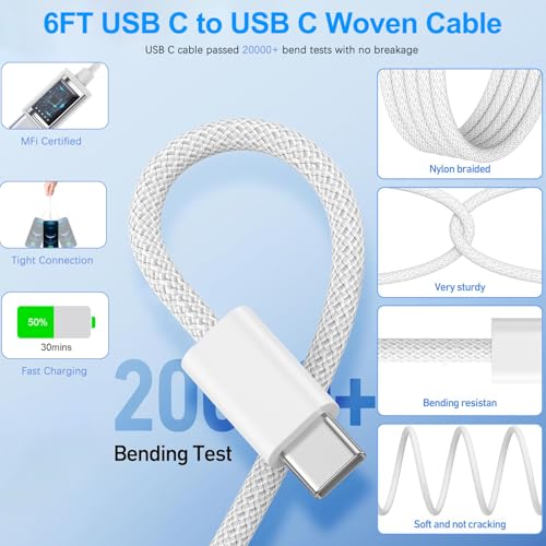 iPhone 17 Charger Fast Charging, 40W Dynamic Wall Charger with 60W Max,2Pack USB C Charging Block Power Adapter 6FT USB C Woven Cable Cord for iPhone 17 Pro Max/17 Air/16e/15 Plus,iPad Pro/Air/Mini - size: 2PACK 6ft