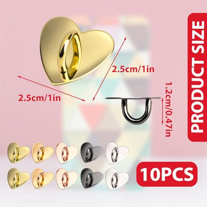 10 Pcs Metal Phone Charm Hook Adhesive Cell Phone Finger Ring Holder Loop Grip for Pad Phone Tablet Chain DIY Supplies Accessories Decorations (Heart)