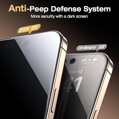 EGV 2 Pack Compatible for iPhone 15 Pro Privacy Screen Protector [6.7 Inch], 9H+ Military Grade Shatterproof Tempered Glass, Dust-Free Alignment Frame, Easy to Install for Beginners, Bubble-Free - size: iPhone 15 Pro