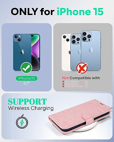 OCASE Compatible with iPhone 15 Wallet Case, PU Leather Flip Folio Case with Card Holders RFID Blocking Kickstand [Shockproof TPU Inner Shell] Phone Cover 6.1 Inch 2023, Pink - color: Pink