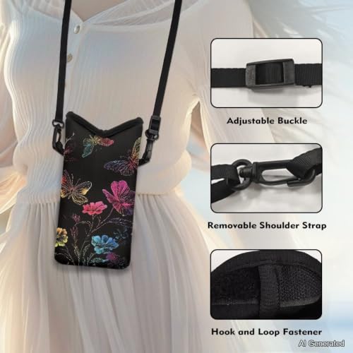 Women Men Small Crossbody Phone Bag Cellphone Pouch with Adjustable Shoulder Strap Neoprene Waterproof Mini Satchel Pouch for Travel, Walking, Beach, Floral Butterfly Black - color: Floral Butterfly Black