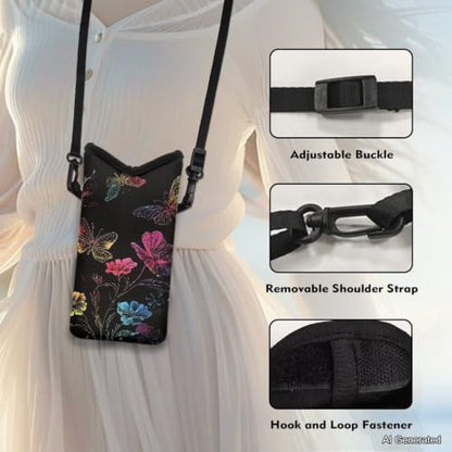 Women Men Small Crossbody Phone Bag Cellphone Pouch with Adjustable Shoulder Strap Neoprene Waterproof Mini Satchel Pouch for Travel, Walking, Beach, Floral Butterfly Black - color: Floral Butterfly Black