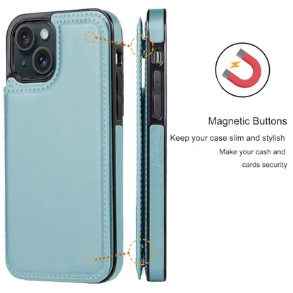 Wallet Case Compatible with iPhone 15 6.1”,Slim Protective case with Card Holder, PU Leather Kickstand Card Slots Case with a Screen Protector iPhone 15(6.1")-Ice Blue - color: Ice Blue