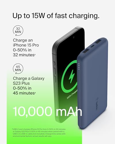 Belkin 10000mAh 15W 3 Port Power Bank, USB A to USB C Cable Included | Fast Charging, iPhone 17, Samsung Galaxy, Pixel, Airpods, iPad, Nintendo Switch 2, Battery Pack, USB C Port, USB A Port - color: Blue