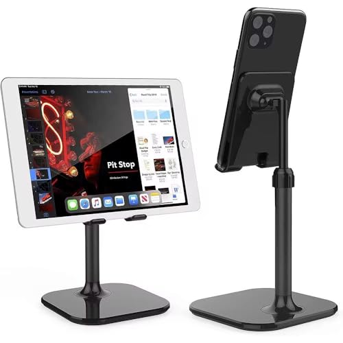 BelaGoods Cell Phone Stand & Tablet Stand – Height & Angle Adjustable Desk Holder with Weighted Base, Anti‑Slip Pads & Charging Slot, Fits 4"–12" iPhone/iPad/Android Devices (Black)