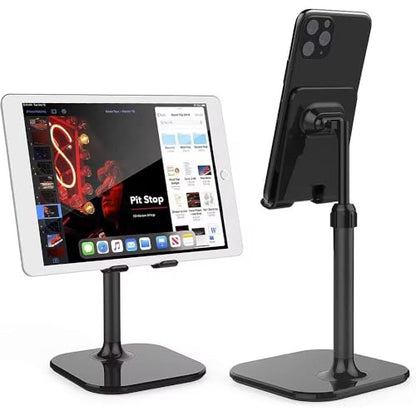 BelaGoods Cell Phone Stand & Tablet Stand – Height & Angle Adjustable Desk Holder with Weighted Base, Anti‑Slip Pads & Charging Slot, Fits 4"–12" iPhone/iPad/Android Devices (Black)