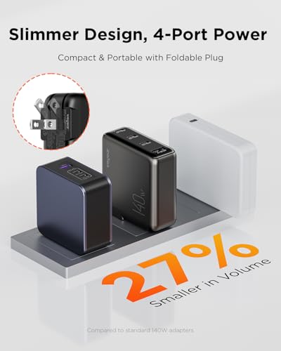 wegear 140W USB-C Charger for Laptop, Slim 4-Port PD 3.1 GaN Block-Black - color: Black