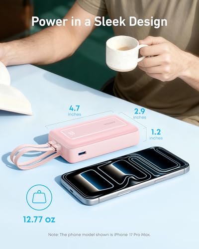 Anker Power Bank,20,000mAh 30W Portable Charger,USB-C and Lightning Cables - color: Black