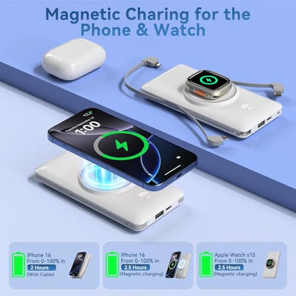 Magnetic 10000mAh Portable Charger for iWatch & iPhone, PD Fast Charging Wireless Power Bank Built-in Cables and Wall Plug, External Travel Battery Pack Compatible with iOS Android Phones - color: White