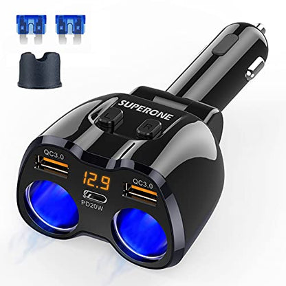 Cigarette Lighter Splitter, SUPERONE 180W 2-Socket Adapter with PD USB-C - color: Black
