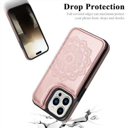 MMHUO iPhone 15 Pro Case, Magnetic Back Flip Wallet Case - Flower Pattern, Card Holder, Rose Gold - color: Rose Gold, size: Iphone 15 Pro 6.1"-(S)(Three Cameras)