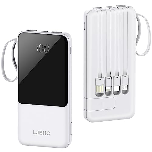 Portable Charger with Built in Cables,10000mAh Slim USB C Power Bank,White - color: White