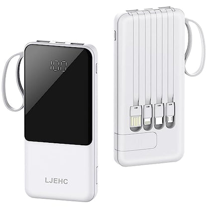 Portable Charger with Built in Cables,10000mAh Slim USB C Power Bank,White - color: White