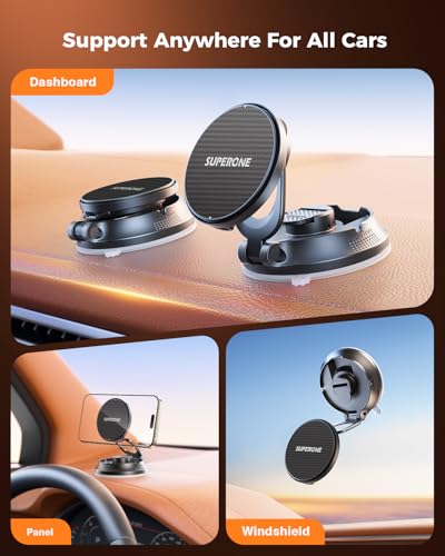 SUPERONE for MagSafe Car Mount Charger, 15W Fast Charging Magnetic Wireless Car Charger [88+LBS Ultra Suction & 2800gf Strong Magnetic] 360° Vacuum Magnetic Phone Holder for iPhone - color: gray