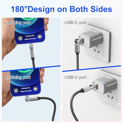 90 Degree USB C to Lightning Cable with 180°Rotating Head - 6.6FT PD Fast Charger Type C to Lightning Right Angle Swivel Cable, MFi Certified Apple Carplay Cable for iPhone 14 13 12 11 X Xs Pro, iPad