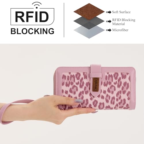 X Wrangler Women's Wallets Bifold Wristlet Wallets for Women Large Capacity Credit Card Wallet with ID Window - color: Leopard Pink