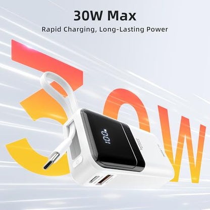 Portable Charger Power Bank Fast Charging,10,000mAh Battery Pack with Built in USB C & Lightning Cable,PD 30W Output for iPhone 17/16/15 Series,LED Display,4 Outputs for Samsung,Android etc