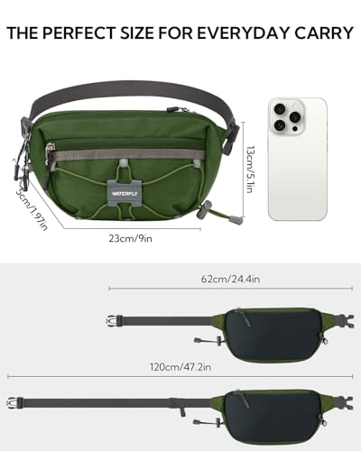 WATERFLY Small Fanny Pack RFID Blocking Travel Hiking Crossbody Waist Bag | Anti-theft design, Water resistant, Lockable zipper, Hidden rear pocket, Lightweight hip belt bag, EDC Running, Cycling, Gym - color: Green