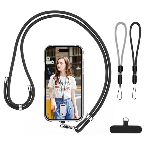 takyu Cell Phone Lanyard, Crossbody Phone Lanyard Adjustable Neck Strap and 2 Pack Phone Wrist Strap with Phone Tether Patches for Most Smartphones-2Black+Grey - color: Black