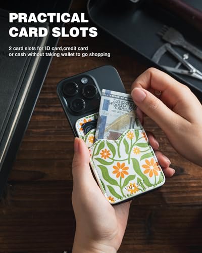 VULKIT Stick on Card Holder Compatible for iphone Leather Cell Phone Wallet Credit Card Case Strong Sticker for Women - color: Daisy Floral