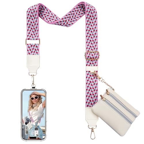 TiMOVO Clip and Go Phone Strap Crossbody with Leather Wallet, Adjustable Anti-Theft Lanyard with Pouch for Most Phone Case - color: V Stripe Red & Blue