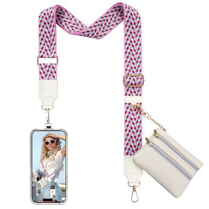 TiMOVO Clip and Go Phone Strap Crossbody with Leather Wallet, Adjustable Anti-Theft Lanyard with Pouch for Most Phone Case - color: V Stripe Red & Blue