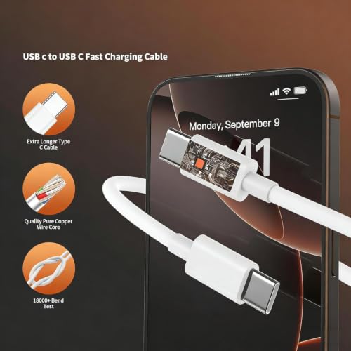 45W Fast Charger for iPhone 17 Pro Max, Super Fast USB C (6+6+10) FT Cables - color: White