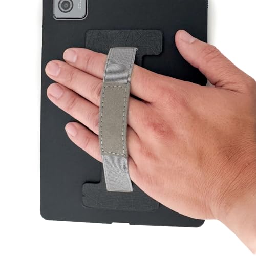 Tablet Hand Strap with Elastic Band | Elastic, Synthetic Leather | One-Handed Operation, Secure Grip, Strong Adhesive Backing, Universal Compatibility | Black & Gray | Tablet Size
