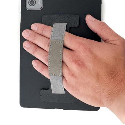 Tablet Hand Strap with Elastic Band | Elastic, Synthetic Leather | One-Handed Operation, Secure Grip, Strong Adhesive Backing, Universal Compatibility | Black & Gray | Tablet Size