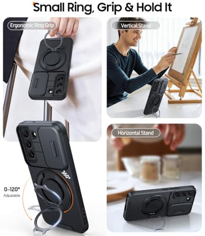 JAME for Samsung Galaxy S22 Case with Ring Stand & Slide Camera Cover Black - color: Black, size: Galaxy S22