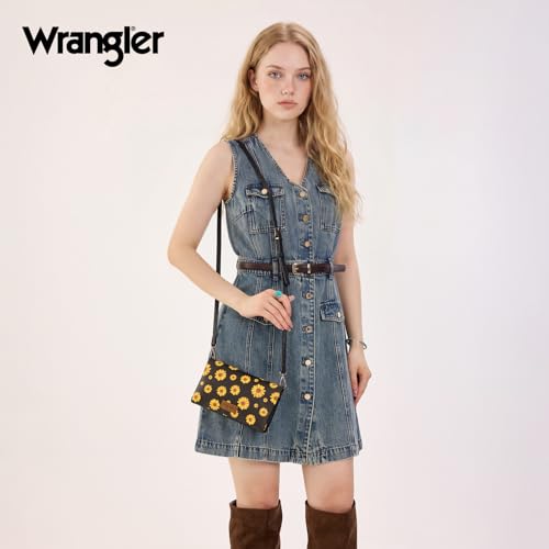 Wrangler Crossbody Wallet Women Black Sunflower Daisy Large Capacity Wallets RFID Blocking Bifold Clutch Small Purse with Crossbody Strap - color: Aa--black