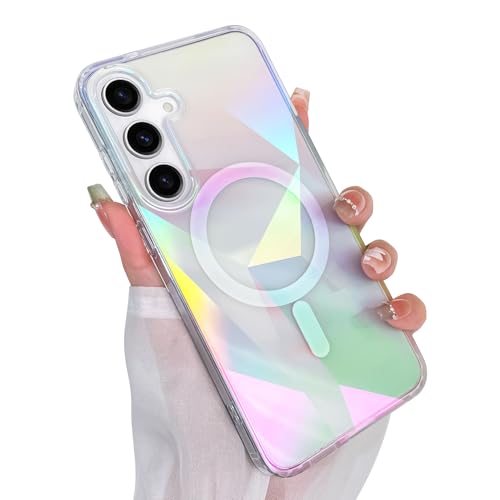 Cute Case for Samsung Galaxy S24 Case, Iridescent Geometry | Compatible with Magsafe, Clear Aesthetic Girly Glitter Sparkly Bling Rainbow Magnetic Phone Cover for Women Girls - color: Iridescent Geometry, size: Samsung Galaxy S24