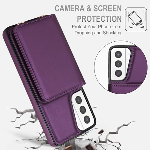 Phone Case for Samsung Galaxy S21 Plus S21+ 5G Wallet Cell Cover with Tempered Glass Screen Protector Wrist Crossbody Strap RFID Blocking Card Holder S21+5G S21plus 21S + S 21 21+ G5 Women Dark Purple - color: Dark Purple