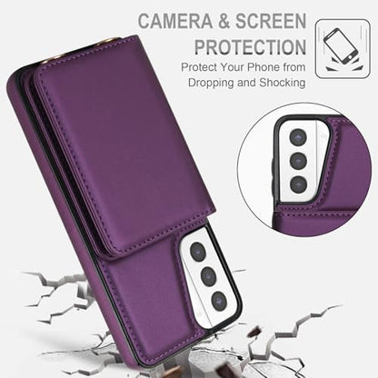 Phone Case for Samsung Galaxy S21 Plus S21+ 5G Wallet Cell Cover with Tempered Glass Screen Protector Wrist Crossbody Strap RFID Blocking Card Holder S21+5G S21plus 21S + S 21 21+ G5 Women Dark Purple - color: Dark Purple