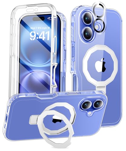 Compatible with iPhone 16 Case, Built-in Screen Protector & Seamless Stand, with Camera Lens Protector, Strong Magnetic Clear Phone Case, Full Body Protective Cover for 6.1" (Clear) - color: Clear, size: iPhone 16 6.1"