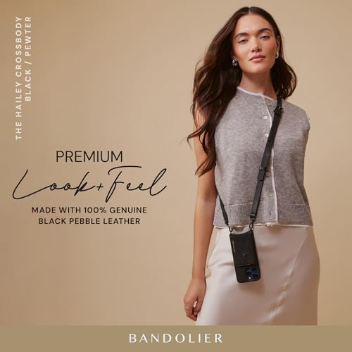 Bandolier Hailey Leather Crossbody Phone Case iPhone 15 Pro - Black/Pwt | Crossbody leather phone case. Built-in wallet w/ snap-closure. Adjustable & removable leather strap. Phone drop protection. - color: Black/Pewter, size: iPhone 15 Pro
