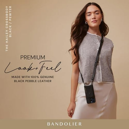 Bandolier Hailey Leather Crossbody Phone Case iPhone 15 Pro - Black/Pwt | Crossbody leather phone case. Built-in wallet w/ snap-closure. Adjustable & removable leather strap. Phone drop protection. - color: Black/Pewter, size: iPhone 15 Pro