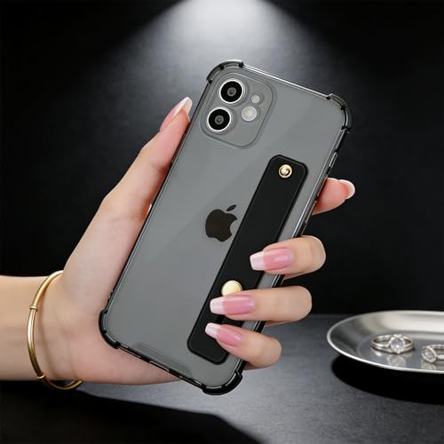 Compatible for iPhone 12 Case with Strap Holder Stand - Black | Wristband Kickstand, Clear Soft TPU, Adjustable Finger Hand Grip Loop, Shockproof Bumper Rugged Cover - color: Black, size: iPhone 12 6.1"