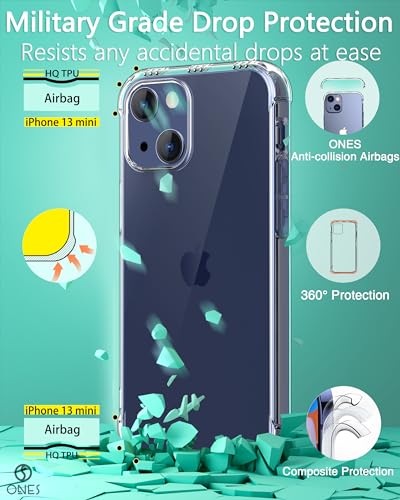 ONES for iPhone 13 mini Case Clear, Slim Soft TPU Silicone Cover, Military Drop Protective Thin Phone Bumper Case with Shockproof Airbags, Yellowing Resistant, Anti-Slip, Durability, Transparent - color: HD High Transparency, size: iPhone 13 mini
