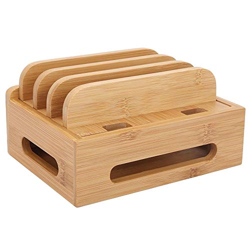 Oumefar Bamboo Multi-Device Stand Holder Charging Station Phone Tablet Charger Organizer 4 in 1 Charging Station for Multiple Devices for Meeting Rooms Restaurants Hotels and Homes
