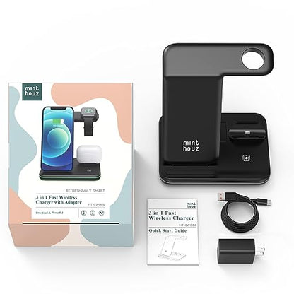 Minthouz Phone Wireless Charger, 18W Fast Charging Station for iWatch (Watch Charger is NOT included), AirPods, Wireless Charger Stand Compatible with iPhone 15/14/13/12/11 Series (with QC3.0 Adapter)