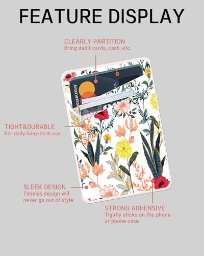 Dual Pocket Leather Phone Wallet Adhesive Stick On, Cute Card Holder, Credit Card Holder for Phone Case, Beautiful Colorful Flowers - color: Beautiful Colorful Flowers