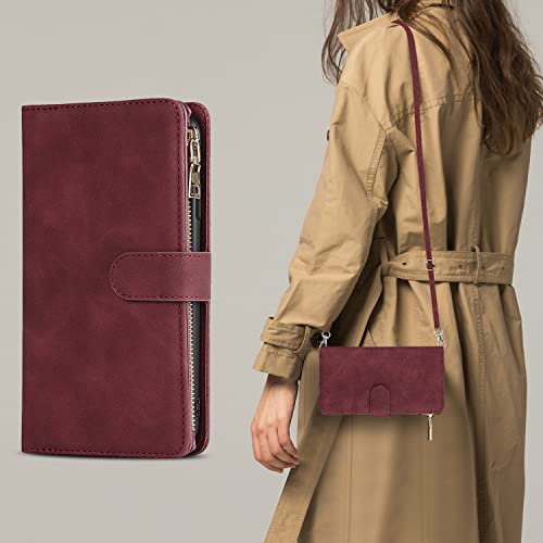 iCoverCase for Samsung Galaxy S23 Ultra Wallet Case with Card Holder, Kickstand Feature PU Leather Case with Adjustable Crossbody Lanyard Magnetic Clasp Zipper Pocket Flip Cover (Claret) - color: Claret, size: Galaxy S23 Ultra