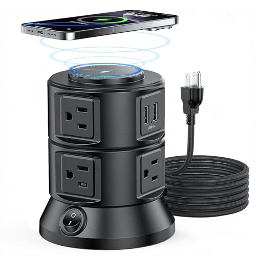 Power Strip Tower 1875W 15A with 15W Magnetic Wireless Charger, Dual-Layer Rotatable Design, 540 Joules Surge Protector Tower with 6 AC Outlets and 4 USB Ports(2USBA+2USBC), 5FT Braided Extension Cord - size: 1875W Tower