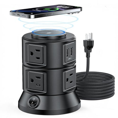 Power Strip Tower 1875W 15A with 15W Magnetic Wireless Charger, Dual-Layer Rotatable Design, 540 Joules Surge Protector Tower with 6 AC Outlets and 4 USB Ports(2USBA+2USBC), 5FT Braided Extension Cord - size: 1875W Tower