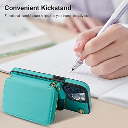 Bocasal Multi-Slot Crossbody Wallet Case for iPhone 12 Pro Max, Mint Green | RFID Blocking PU Leather Purse Case with Card Holder, Handbag Flip Cover with Zipper Wrist Strap Lanyard for Women 6.7 Inch - color: Green