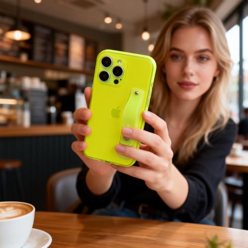 Strap Case for iPhone 12 Pro Max with Stand, Neon Green | Wrist Strap Kickstand, Adjustable Finger Hand Grip Loop, Slim Transparent Anti-Scratch Back, Soft Bumper Phone Cover - color: Neon Green, size: iPhone 12 Pro Max