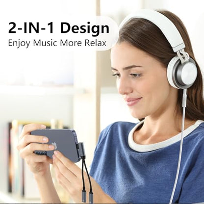 Right Angle 2-in-1 iPhone to Dual Lightning Jack Audio Headphone and Charger Cable Adapter,【Apple MFi Certified】Calling+Music+Charge 90 Degree Earphones Converter Splitter for Apple iPhone 14 13 12 11