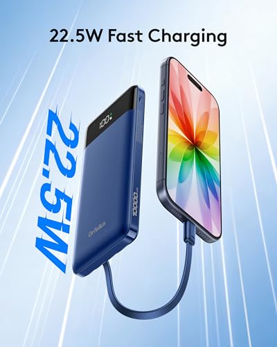 Orfeika Fast Charging Portable Charger Power Bank with Built-in 4 Cables | 10000mAh|Ultra-Slim&Light|Flight-Safe|Power 6 Devices at Once|22.5W|Battery Pack For iPhone,Samsung,Google|Travel Essentials - color: Navy