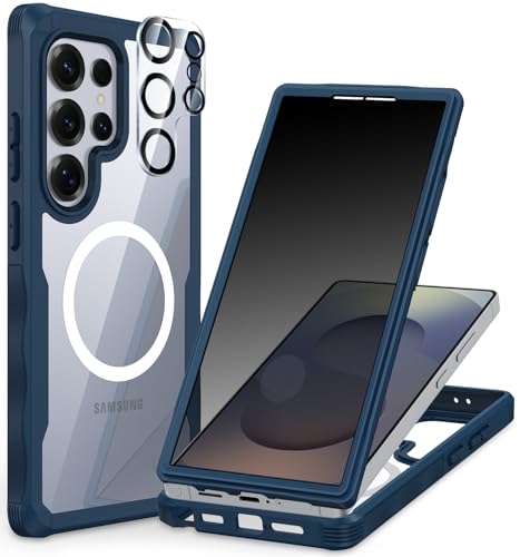 CENHUFO Magnetic Privacy for Samsung Galaxy S25 Ultra Case, Full Body Phone Case with Built-in 9H Tempered Glass Privacy Screen Protector and Camera Lens Cover, Shockproof Protective Bumper - Blue - color: Blue, size: S25 Ultra
